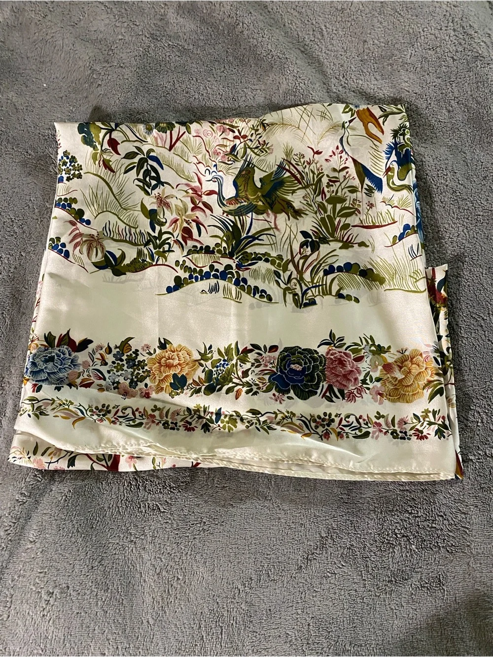 Floral Silk-Feel Scarf with Bird Motif - Cream Base